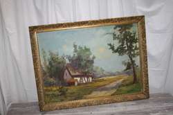 Antique Oil Painting Holland Landscape Thatch Cottage Roof Dirt Path 