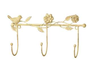   Country Metal Bird Flower Triple Wall Hook  Antique Cream Anthro