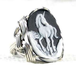Mystical Unicorn Cameo Ring Sterling Silver  