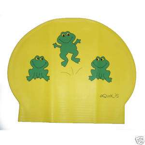 New AQUALIS 3 Frogs Yellow Latex Kids Junior Swim Cap  