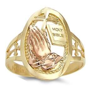 Holy Bible Praying Hands Ring 14k Yellow Gold Religious Band, Size 6