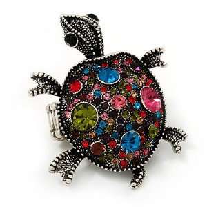 Multicoloured Crystal Turtle Flex Ring In Burn Silver Metal   5.5cm 