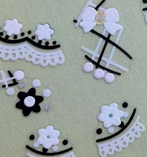 Nail Art 3D Sticker Glitter Black White Lace Pastel Bow & Flowers 