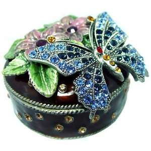   Round Butterfly Enameled Bejeweled Crystal Trink Box