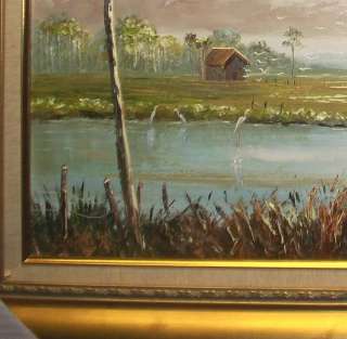   Original FLORIDA ART, COUNTRY RANCH, Egret, Palm Trees, water Pond