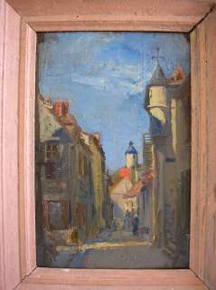 FRAMED OLD PAINTING EUROPEAN TOWN OIL c1930 ON BOARD  