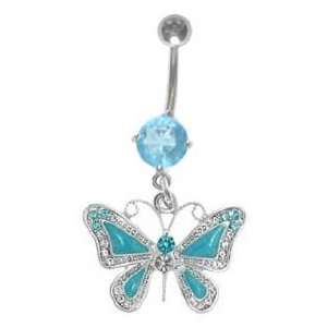 Pretty Aqua Lt Blue Butterfly dangle Belly navel Ring piercing bar 