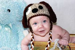 New 0 3 month baby puppy doggy n EARFLAPS HAT CROCHET photo prop 