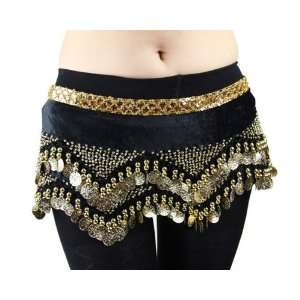 Velour Gold Coins Belly Dance Hip Scarf, Pyramids on Fabric Style 