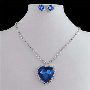 Romantic Titanic Heart of Ocean Necklace Earring Set Blue Swarovski 