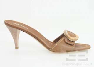 Prada Brown Leather And Wood Oval Buckle Slide Heels Size 40 NEW 