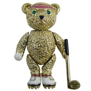   Bear Pin   Classic Gold Plated Golfer Teddy Bear Lapel Pin Necklace