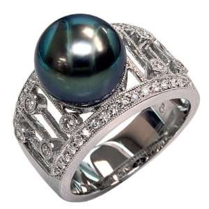   Tahitian Black Pearl and Diamond Ring R 3037W AM Pearlzzz Jewelry