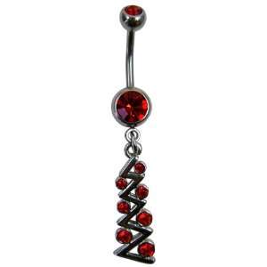  Red Crystal CZ Dangle Belly Button Navel Ring Bar Silver 