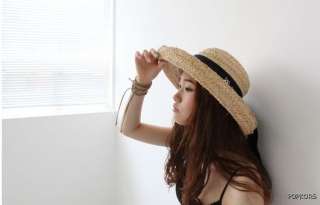 Womens Classic 100% Raffia Sun Beach Hat With Linen  