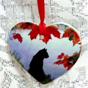  Black Cat and Maple Porcelain Heart Suncatcher by Susan 