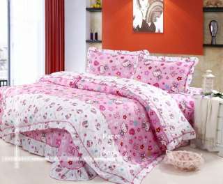 cute cotton Hello Kitty bed quilt cover sheet set 4pcs  