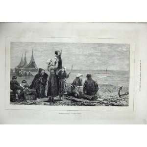  1876 Henri Bource Ships Families Waiting Sea Shore Art 