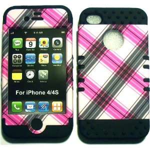  Pink Plaid on Black Silicone for Apple iPhone 4 4S Hybrid 