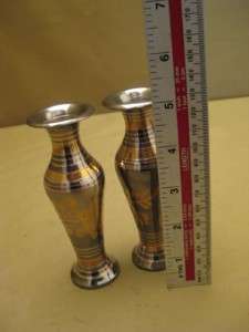 small pair of brass vases with silver plate design  
