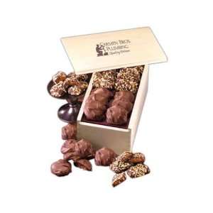   and Pecan Turtles in a wooden box with logo.