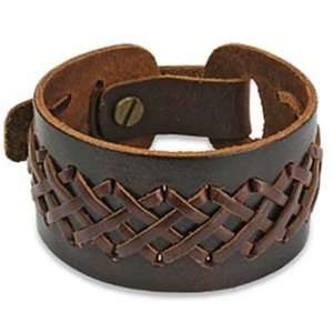   Leather Bracelet With Weaved Pattern In Center   7 Length Jewelry