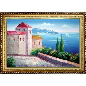 Red Roof House at Mediterranean Serenity Bay Oil Painting, with Linen 