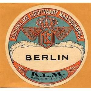 KLM Royal Dutch Airlines BERLIN Baggage Label 1930s 