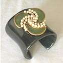 Vintage Swoboda Jade & Pearl Pin on Black Cuff by D G STUDIO
