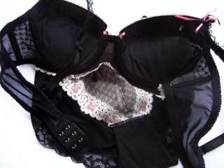   new Japanese style cute black demi bra set with pink bow 32 34 A B C D