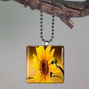 Sun Flower Altered Art Glass Tile Necklace Pendant 386  