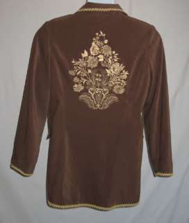 Susan Graver Brown Faux Suede Gold Embroidered Jacket Blazer M 12 14 