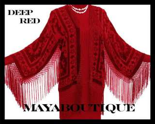 Burnout Velvet Silk Fringe Jacket Kimon Deep Red NEW  