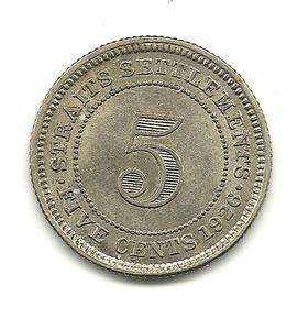 NICELY DETAILED HIGH END 1926 BU STRAITS SETTLEMENTS 5 CENTS D213 