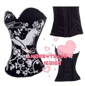 New Sexy Blk eagle Floral Corset Lace up Satin Bustier  