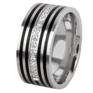 Mens Ring with Black IP Plated Lines and Small CZ Row In The Middle 