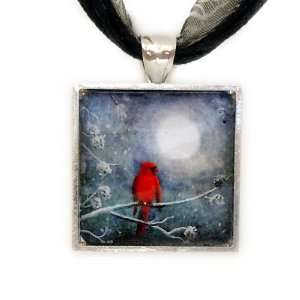  Cardinal on a Wintry Night Handmade Fine Art Pendant 