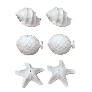   Nautical White Fish Seashells Starfish Salt & Pepper S/P Set of 3