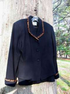   ASL Black Wool Leopard Trimmed Skirt Suit Vintage Inspired 8 6  