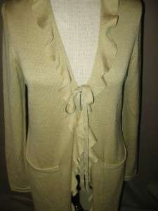 CARLISLE Beige/Gold Long Silk/Cotton Blend Cardigan Sweater w/Ruffles 