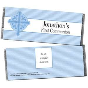 Blue Stripes and Cross Personalized Photo Candy Bar Wrappers   Qty 12