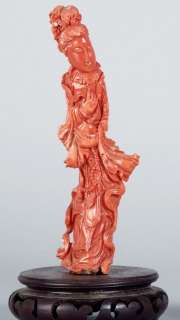 ANTIQUE CHINESE CARVED NATURAL RED CORAL FIGURE FIGURINE CARVING QUAN 