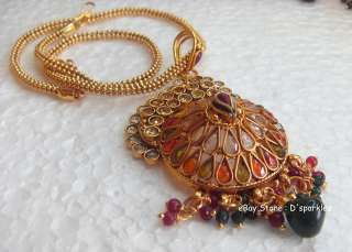 Ethnic Indian Gold Plated Multicolor Polki & Reverse AD LCT Pendant 