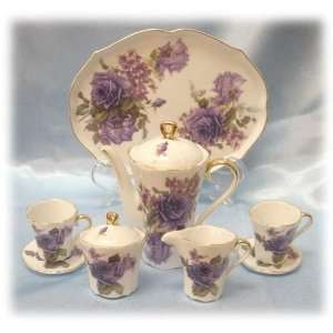    Fine Porcelain Miniature Tea Set with Purple Roses