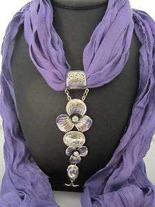   Crinkle JEWELRY SCARF with Vintage Look Pendant Charm   Floral Chain