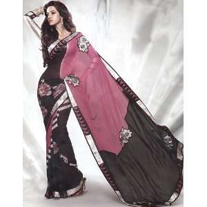  Mauve and Black Printed Designer Sari with Patch Border 