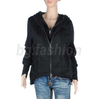 Fashion Womens Double zip Hoodies Sweatshirt Jacket Coat Outwear Black 