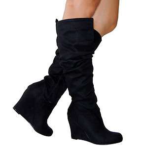 Trendy Chic Slouchy Suede Knee High Wedge Boots Black All Size  