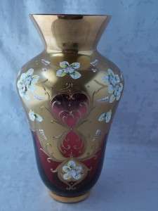 Czech Bohemian Slavia Moser Ruby Cranberry Gold Glass Vase Raised 