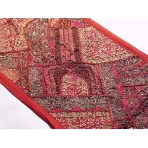   Beaded Red Sari Runner Moti Tapestry Wall Hanging Art